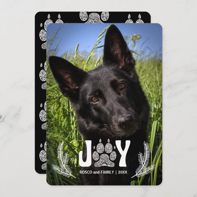 Joy Dog Paw Print and Pines Pet Lover Photo Holiday Card (Front/Back)
