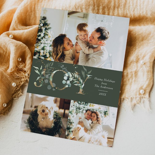 JOY Elegant 3 Photo Gold Green Holiday Card (Creator Uploaded)