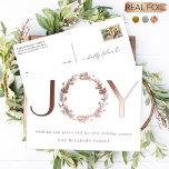 "JOY", Elegant and Simple, Foil Holiday Postcard<br><div class="desc">Elegant real foil holiday postcard with beautiful foil "JOY" phrase, showcasing the letter "O" as a delicate holiday wreath. Personalise the front with two text section in foil. Back with the option to add a "printed" message or to receive postcards with this section in blank so you can add individual...</div>