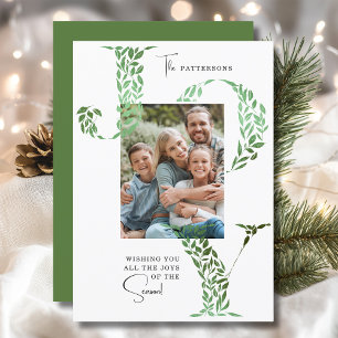 Joy Elegant Christmas Floral Typography Photo Holiday Card