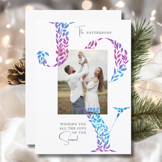 Joy Elegant Christmas Floral Typography Photo  Holiday Card (Creator Uploaded)