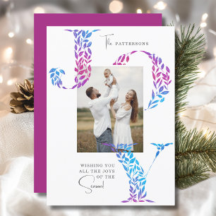 Joy Elegant Christmas Floral Typography Photo  Holiday Card