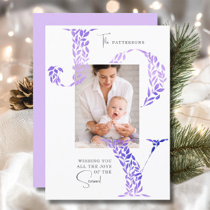 Joy Elegant Christmas Floral Typography Photo  Holiday Card