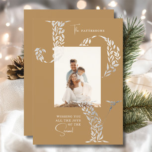 Joy Elegant Christmas Floral Typography Photo  Holiday Card