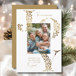 Joy Elegant Christmas Floral Typography Photo  Holiday Card