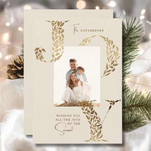 Joy Elegant Christmas Floral Typography Photo Holiday Card