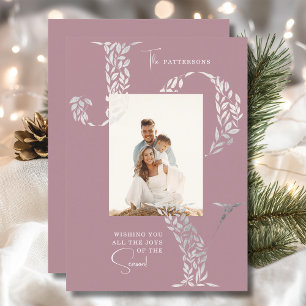 Joy Elegant Christmas Floral Typography Photo  Holiday Card
