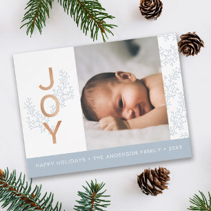 JOY   Elegant Foliage Baby Photo Holiday Postcard