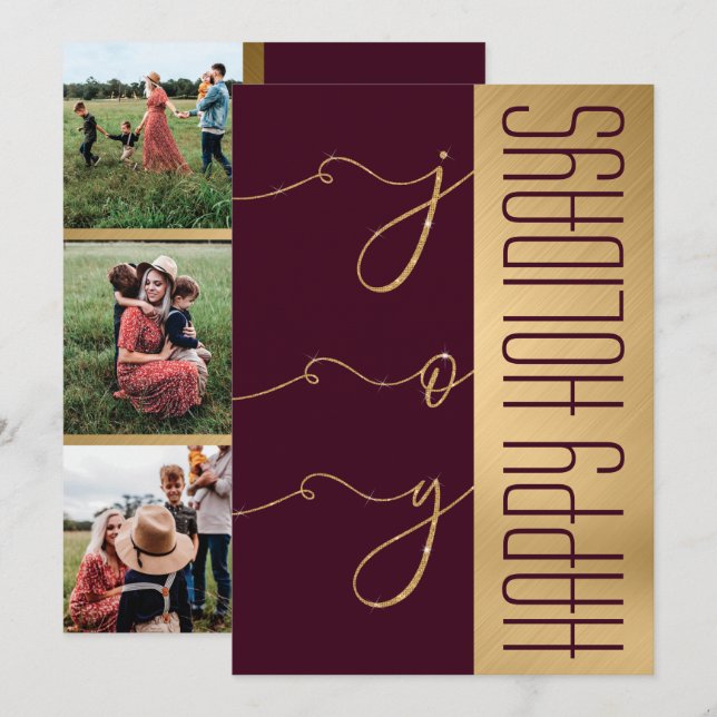 Joy Elegant Gold Burgundy Glitter Photo Holiday Card (Front/Back)