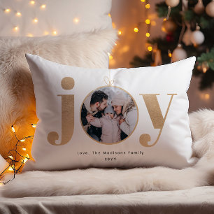 Joy   Elegant Gold Ornament Christmas Family Photo Lumbar Cushion