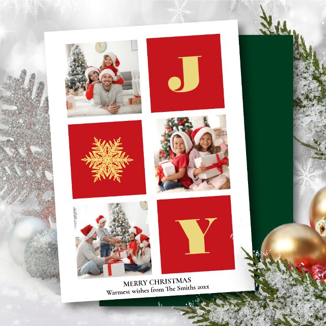 JOY Elegant Gold Snowflakes Modern Script Photo Holiday Card (Creator Uploaded)