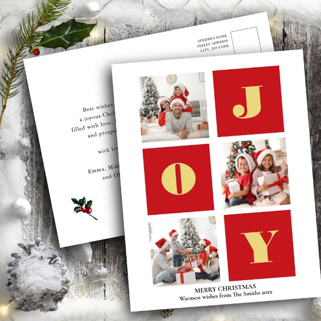 JOY Elegant Gold Snowflakes Modern Script Photo Postcard (Creator Uploaded)