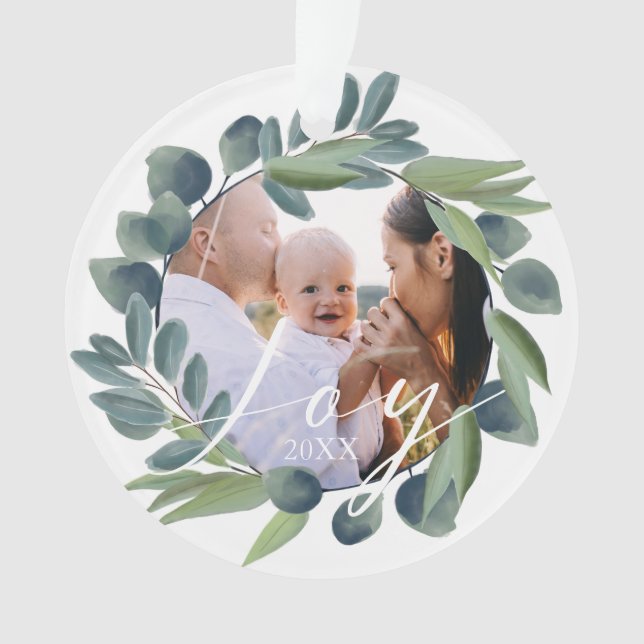Joy Elegant Watercolor Winter Foliage Wreath Photo Ornament (Front)