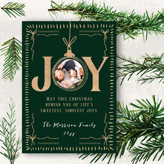 JOY Evergreen Gold Accents Classy Christmas Photo Holiday Card (JOY Evergreen Gold Accents Classy Christmas Photo Holiday Card)