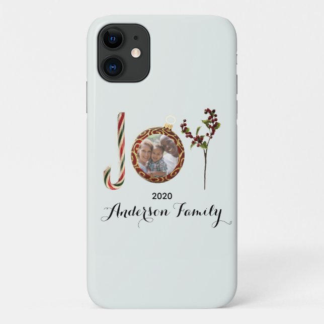 Joy family name and photo in Christmas ornament Case-Mate iPhone Case (Back)