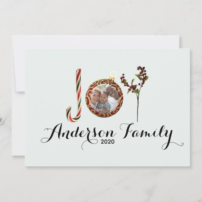 Joy family name and photo in Christmas ornament Holiday Card (Front)