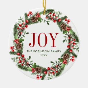 Joy Family Name Christmas Wreath Ceramic Tree Decoration
