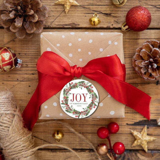 Joy Family Name Christmas Wreath Classic Round Sticker (Creator Uploaded)