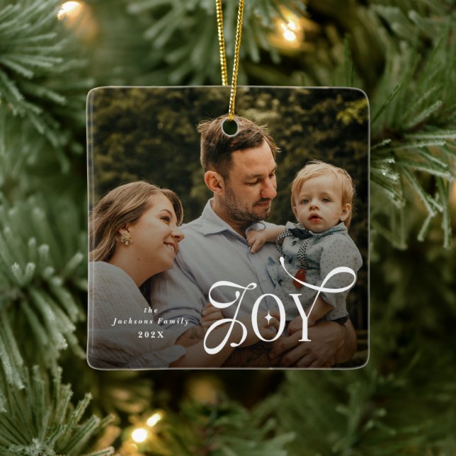 Joy Family Photo Christmas  Ceramic Ornament (Tree)