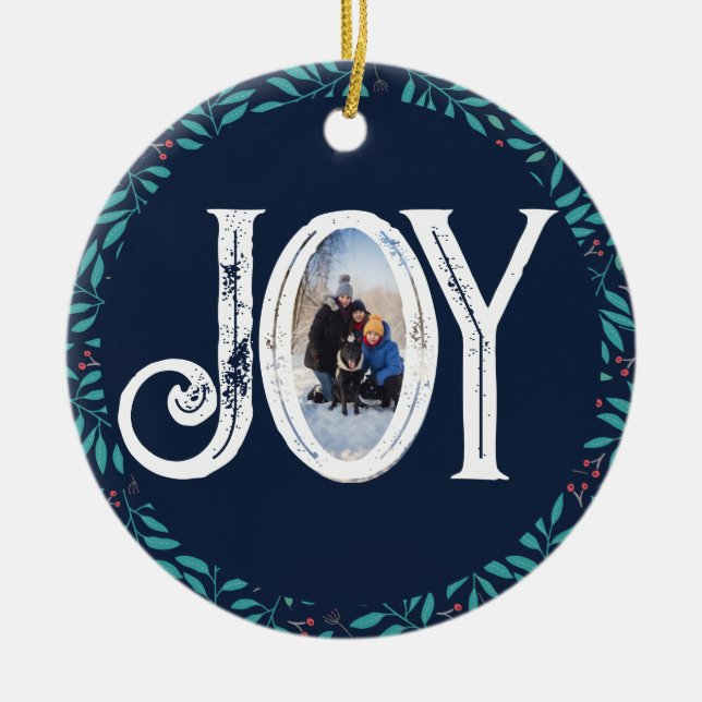 Joy Family Photo Christmas  Ceramic Tree Decoration (Front)