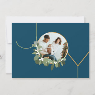 Joy Family Photo Modern Wreath Blue Holiday Card