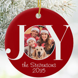 Joy Family Photo Red Christmas Ceramic Tree Decoration