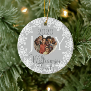JOY Family Photo Silver Grey White Snowflakes V Ceramic Tree Decoration