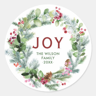 Joy - Festive Christmas Wreath Family Name  Classic Round Sticker