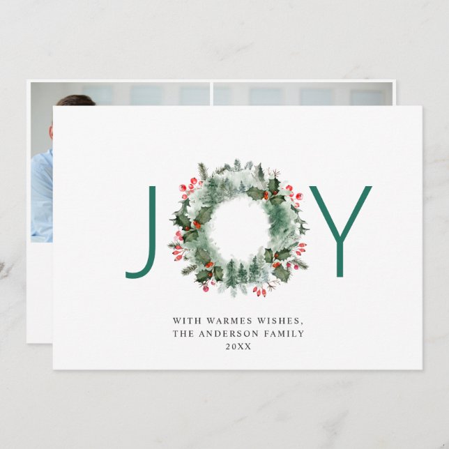 JOY Festive Holly Berry Wreath Christmas 2 Photo Holiday Card (Front/Back)