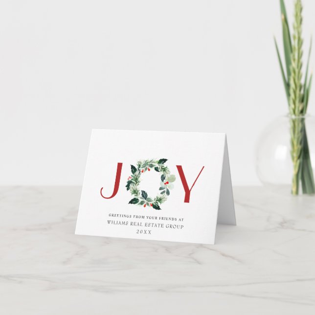 JOY Festive Holly Berry Wreath Christmas Greeting Holiday Card (Front)