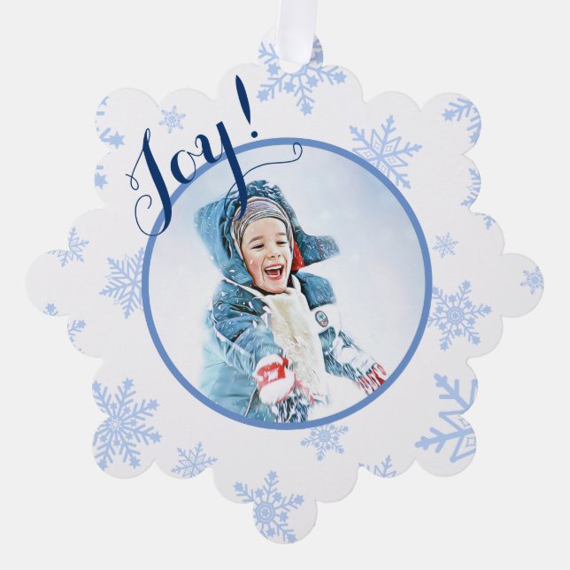 Joy! Festive Pale Blue Snowflakes Holiday Photo Tree Decoration Card (Front)