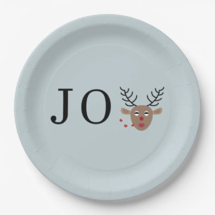 Joy Festive Reindeer Christmas Party Dusty Blue Paper Plate