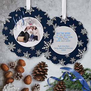Joy! Festive Snowflakes on Navy Blue Holiday Photo Tree Decoration Card