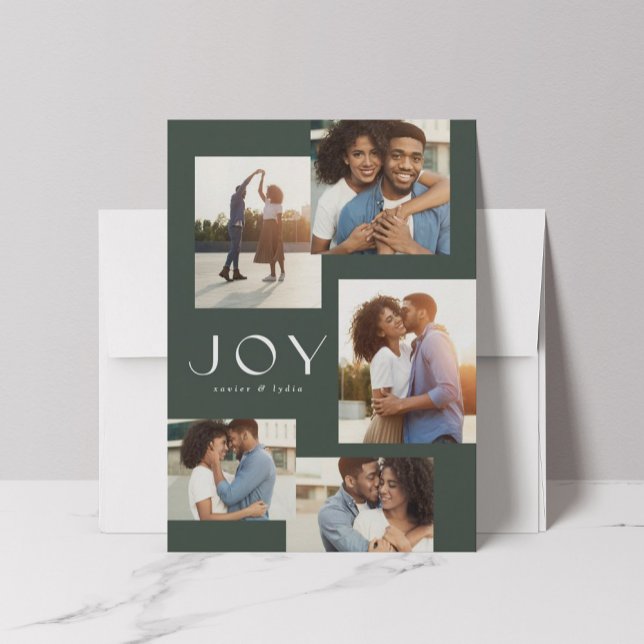 Joy five photo collage modern green Christmas Holiday Card (Creator Uploaded)
