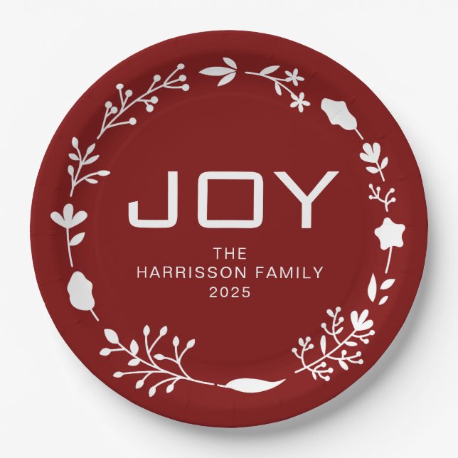 Joy Floral Christmas Wreath Family Custom Name Paper Plate (Front)