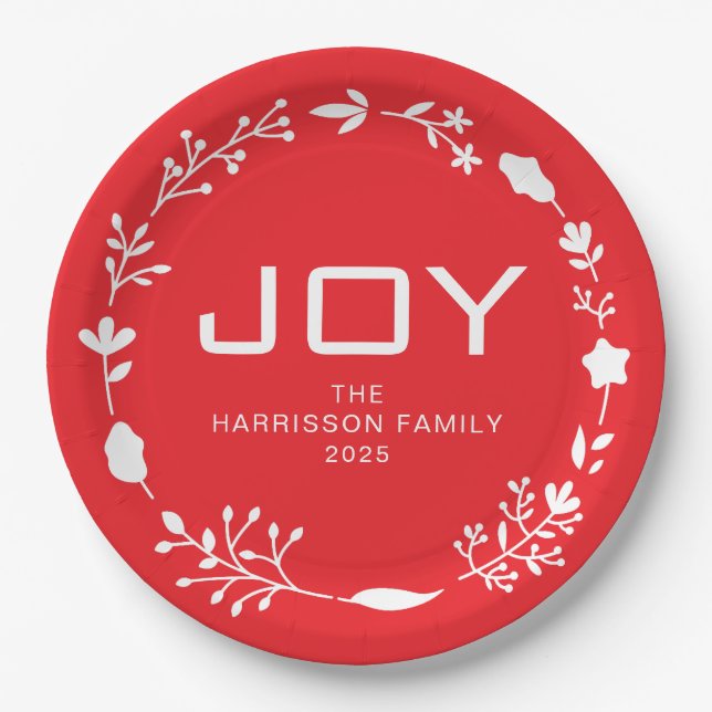 Joy Floral Christmas Wreath Family Custom Name Paper Plate (Front)