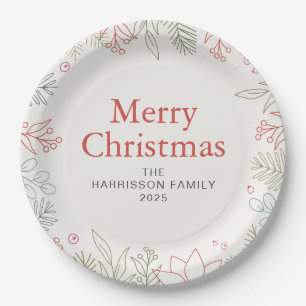 Joy Floral Christmas Wreath Family Custom Name Paper Plate