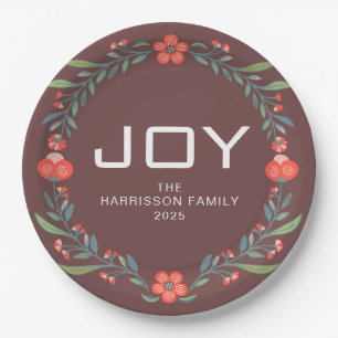 Joy Floral Christmas Wreath Family Custom Name Paper Plate