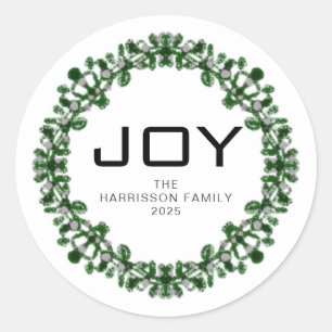 Joy Floral Christmas Wreath Family Name Classic Classic Round Sticker