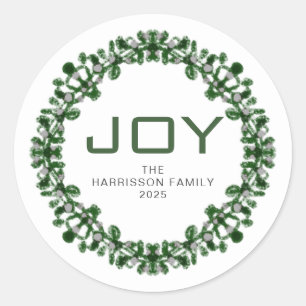 Joy Floral Christmas Wreath Family Name Classic Round Sticker