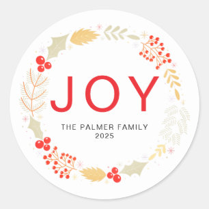 Joy - Floral Christmas Wreath Family Name Classic Round Sticker