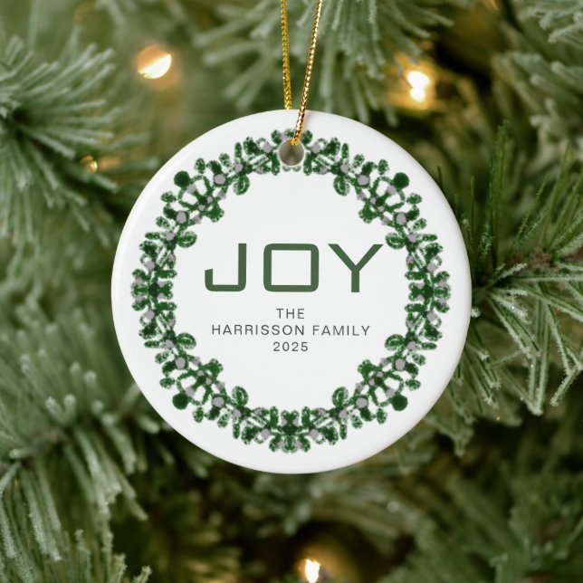 Joy Floral Christmas Wreath Family Name Photo Ceramic Tree Decoration (Tree)