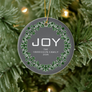 Joy Floral Christmas Wreath Family Name Photo Ceramic Tree Decoration