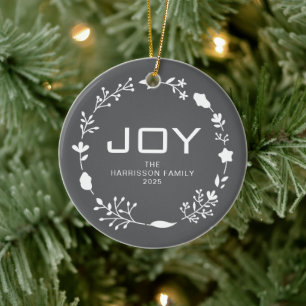 Joy Floral Christmas Wreath Family Name Photo Ceramic Tree Decoration