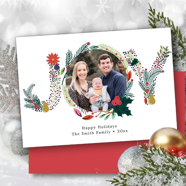 JOY Floral Red Poinsettia Pine Bough Wreath Photo Holiday Card (Creator Uploaded)