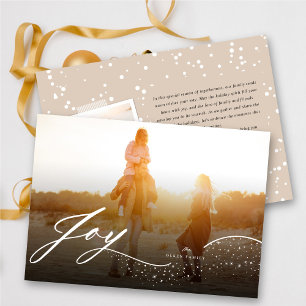 Joy Flowing White Script & Sparkles Stylish Photo Holiday Card