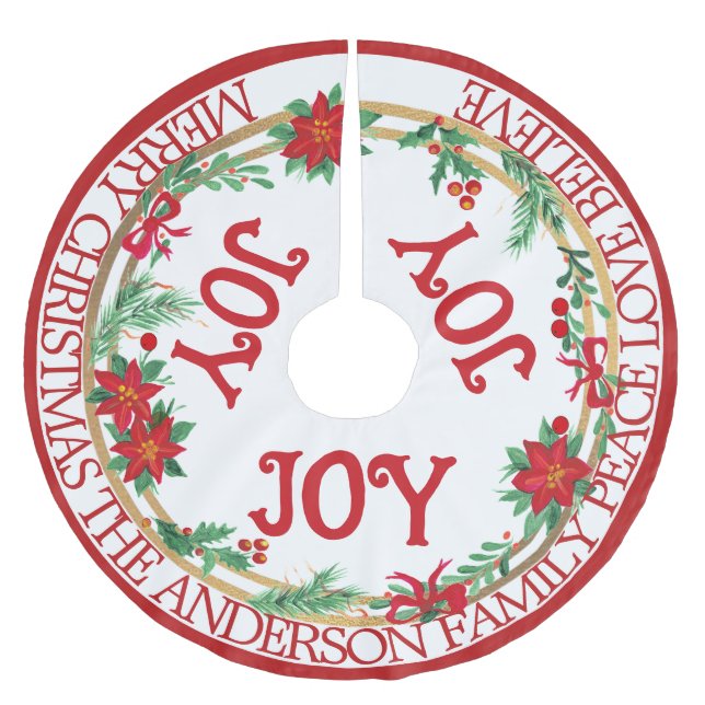 Joy Foliage Green Red Gold Festive Modern Elegant Brushed Polyester Tree Skirt (Front)