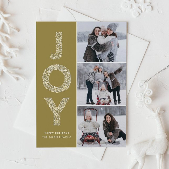 JOY Foliage Lettering Gold Photo Collage Holiday Card (Creator Uploaded)