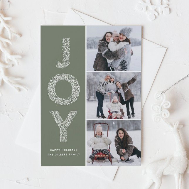 JOY Foliage Lettering Taupe Green Photo Collage Holiday Card (Celebrate the season with our customizable three photo collage Christmas card)