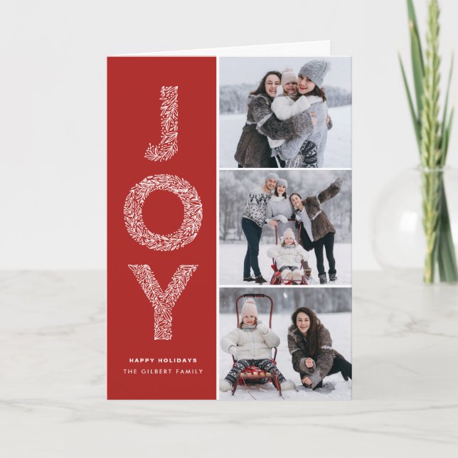 JOY Foliage Typography Red Christmas Photo Collage Holiday Card (Front)